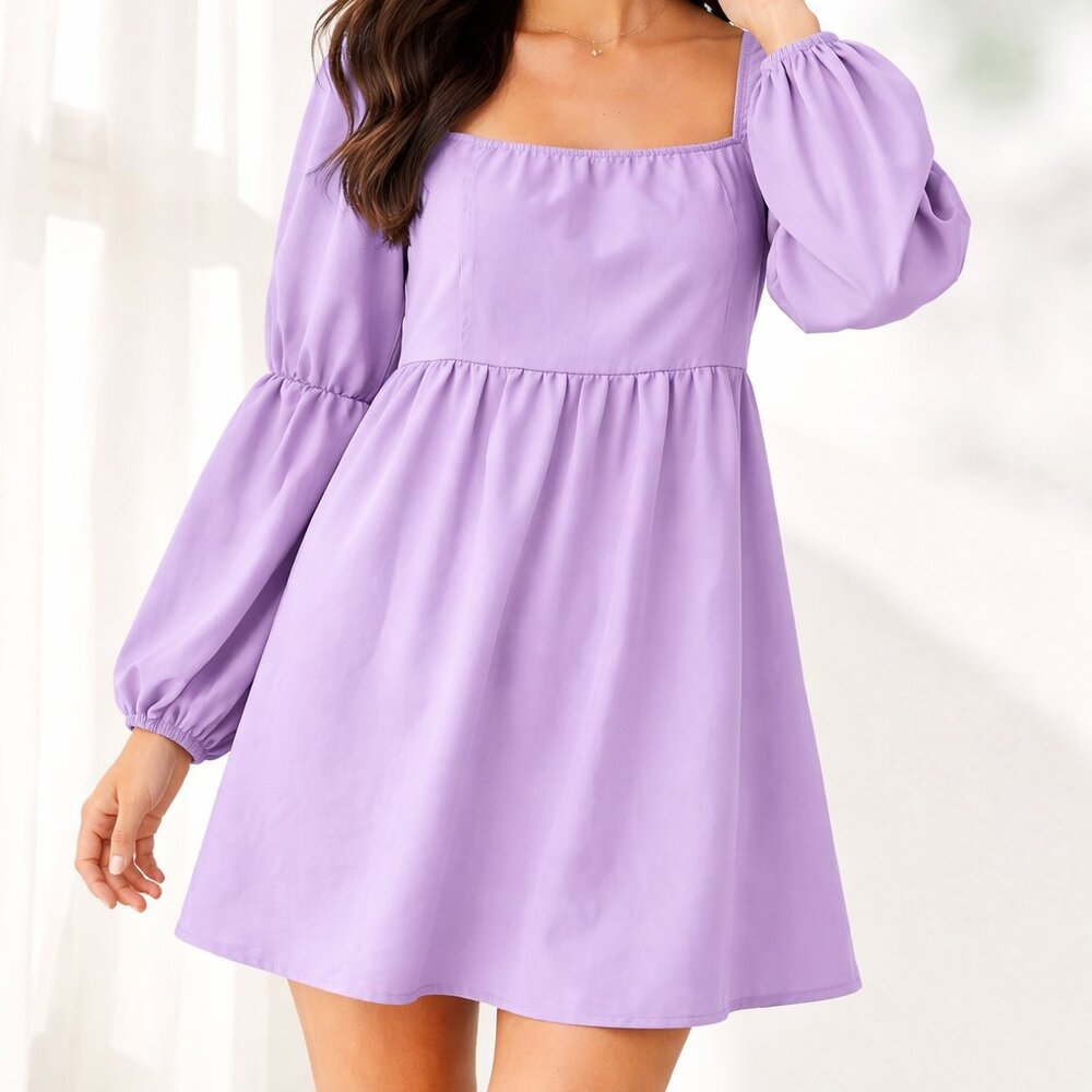NEW XLURA Lavender Puff Sleeve Smocked Mini Dress Square Neck L